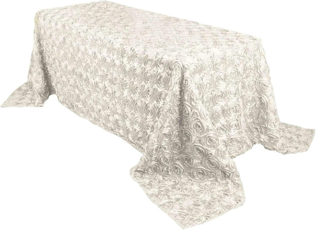 IVORY - Rectangular Tablecloth Table Cloth Satin Rosette - 3D Floral Table Cloth for Wedding Baby Shower Birthday Tea Party Dessert