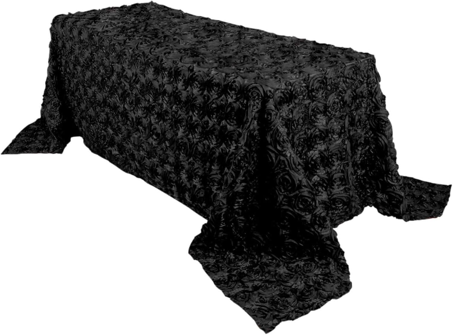 BLACK - Rectangular Tablecloth Table Cloth Satin Rosette - 3D Floral Table Cloth for Wedding Baby Shower Birthday Tea Party Dessert