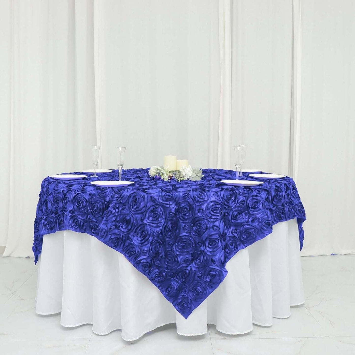 ROYAL BLUE - 3D Rosette Square Tablecloth Overlay- Square Tablecloth Cover for Wedding Party Event Banquet. Choose Size Below