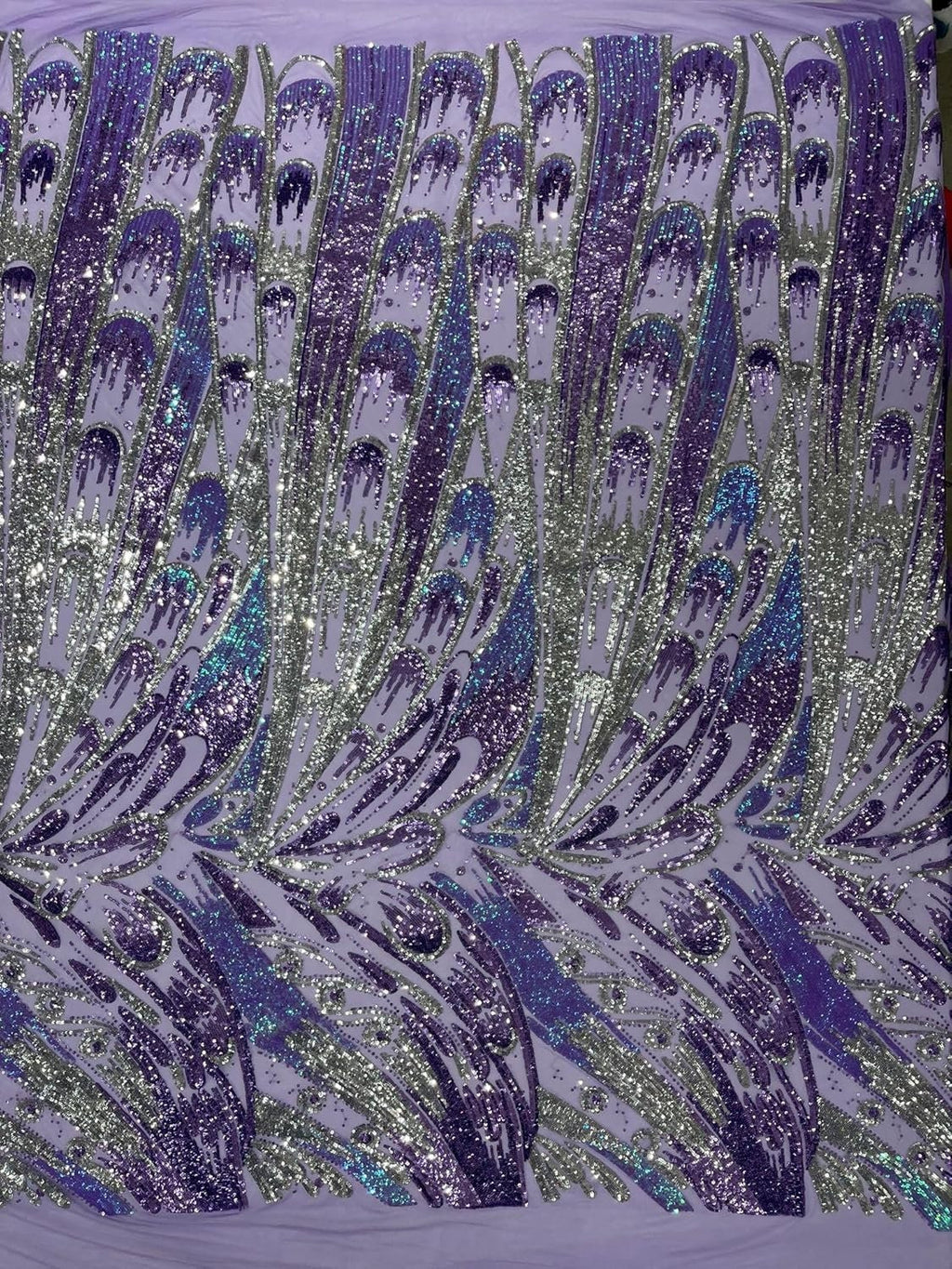 IRIDESCENT FEATHER - Shiny Sequin Design 4 Way Stretch Mesh Fabric-Prom-Sold By The Yard. Choose Color Below