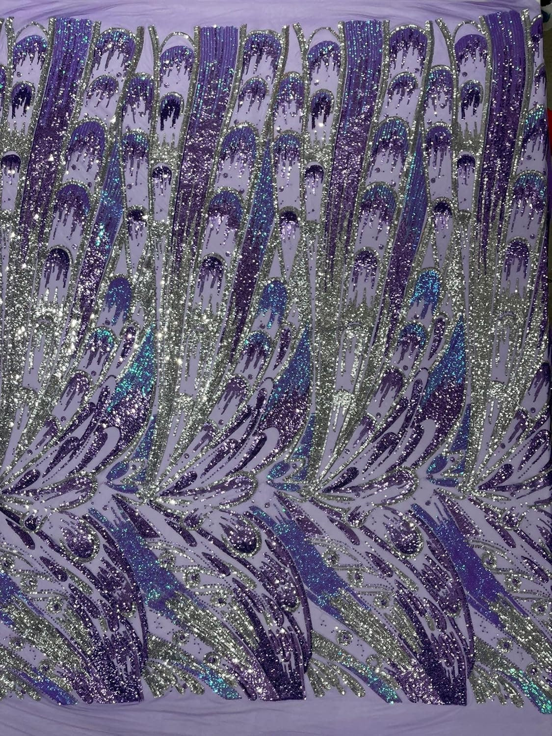 IRIDESCENT FEATHER - Shiny Sequin Design 4 Way Stretch Mesh Fabric-Prom-Sold By The Yard. Choose Color Below