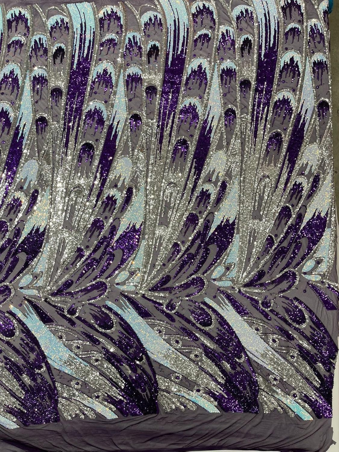 IRIDESCENT FEATHER - Shiny Sequin Design 4 Way Stretch Mesh Fabric-Prom-Sold By The Yard. Choose Color Below
