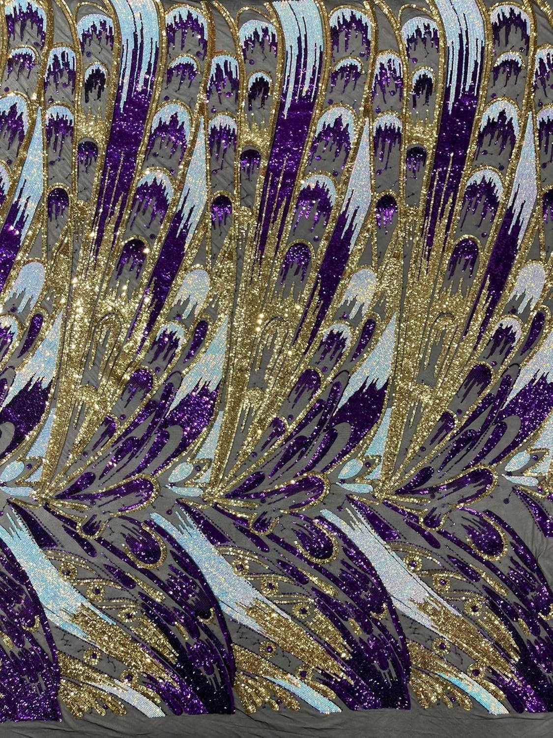 IRIDESCENT FEATHER - Shiny Sequin Design 4 Way Stretch Mesh Fabric-Prom-Sold By The Yard. Choose Color Below