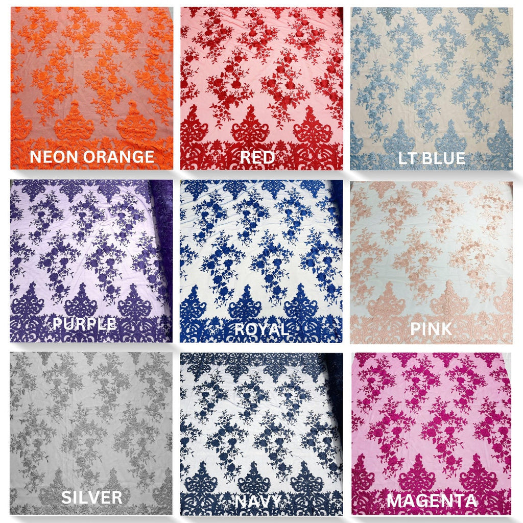 FASHION -Flower Damask Flat Lace Embroidery On A Mesh (1 Yard. Sold By The Yard. Choose Color Below