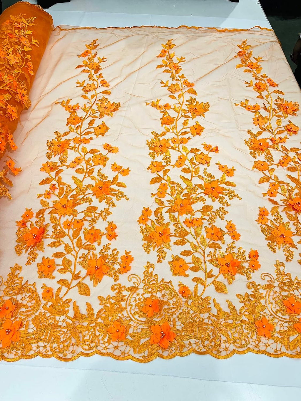 3D FLORAL - Design Embroider With Pearls Mesh Lace Fabric. Sold By The Yard.