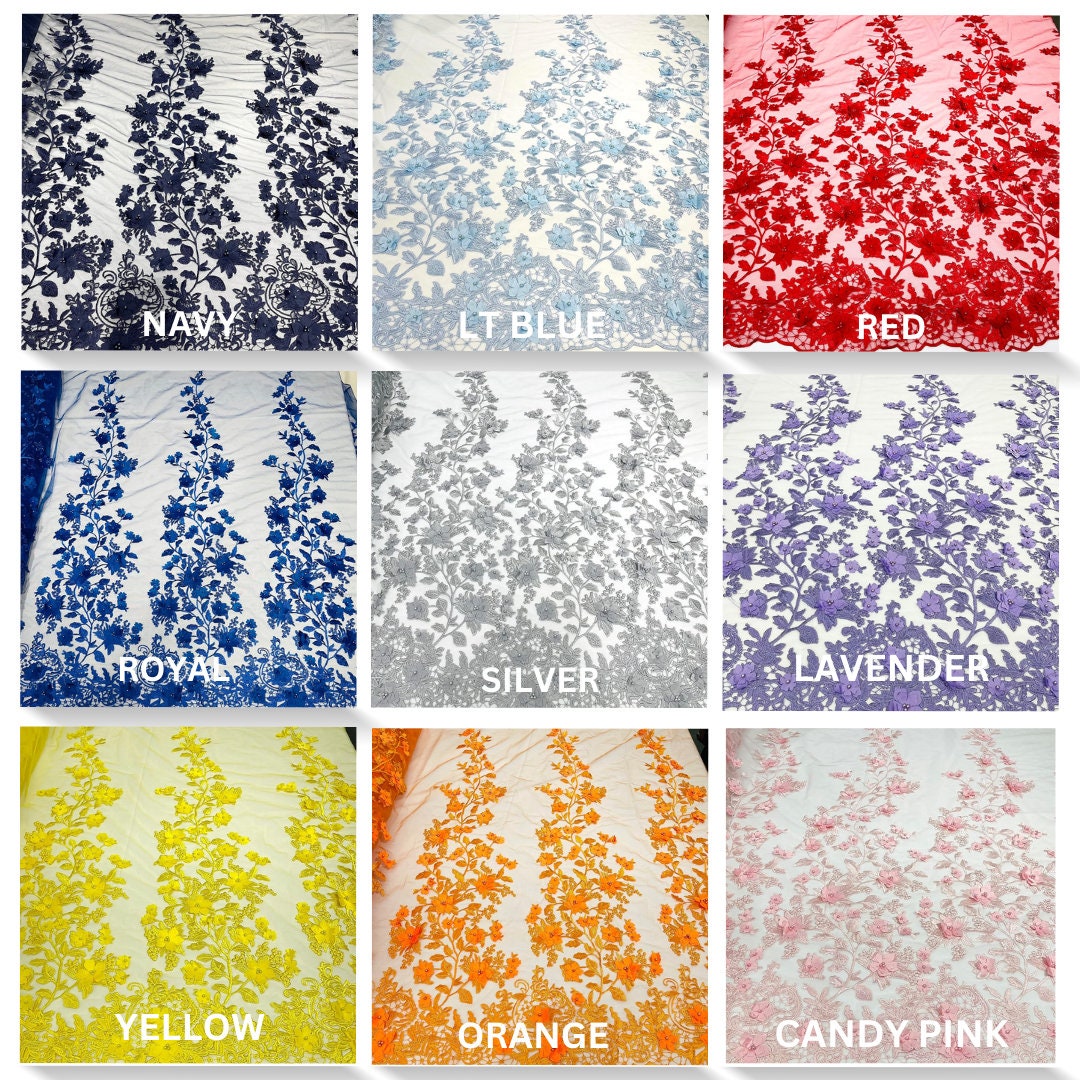 3D FLORAL - Design Embroider With Pearls Mesh Lace Fabric. Sold By The Yard.