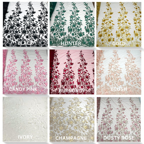 3D FLORAL - Design Embroider With Pearls Mesh Lace Fabric. Sold By The Yard.