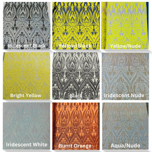 DAMASK - Shiny Sequin Design 4 Way Stretch Mesh Fabric. Sold By The Yard. Choose Color Below