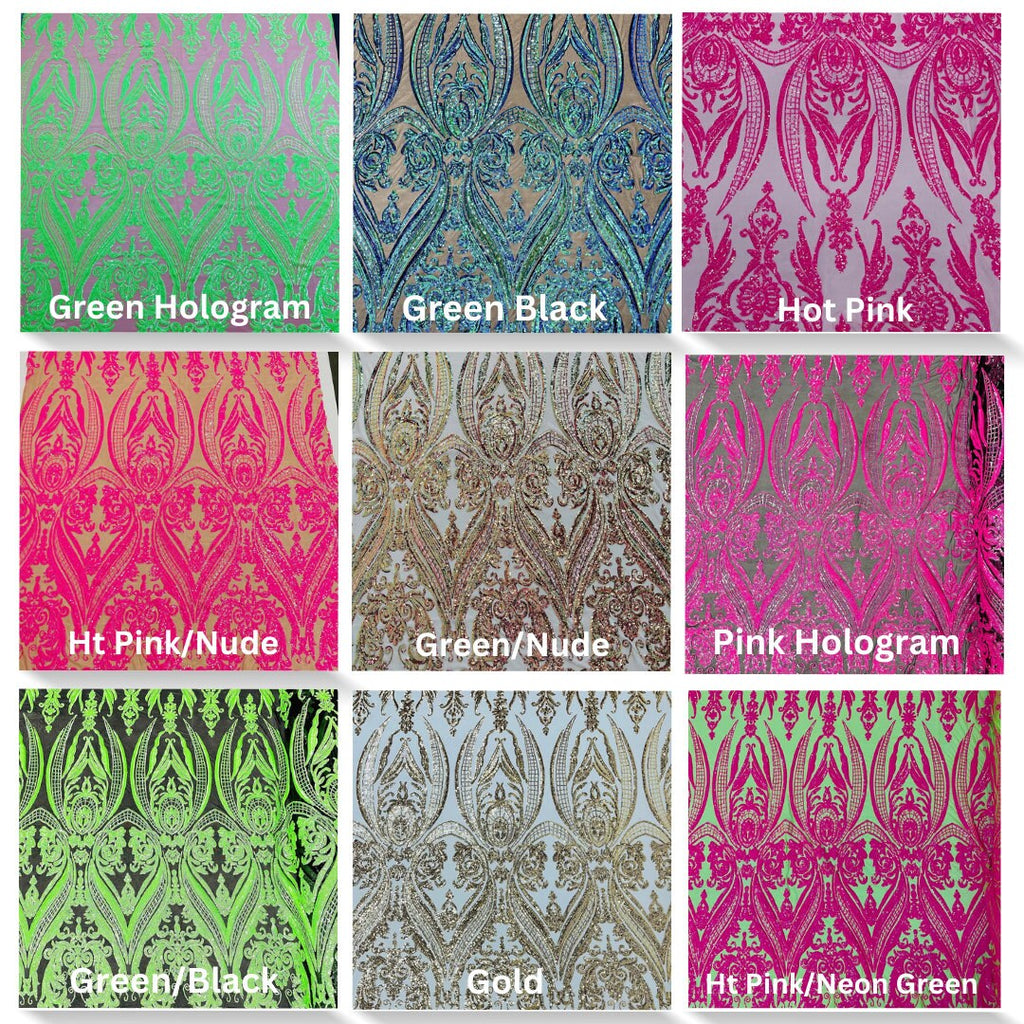 DAMASK - Shiny Sequin Design 4 Way Stretch Mesh Fabric. Sold By The Yard. Choose Color Below