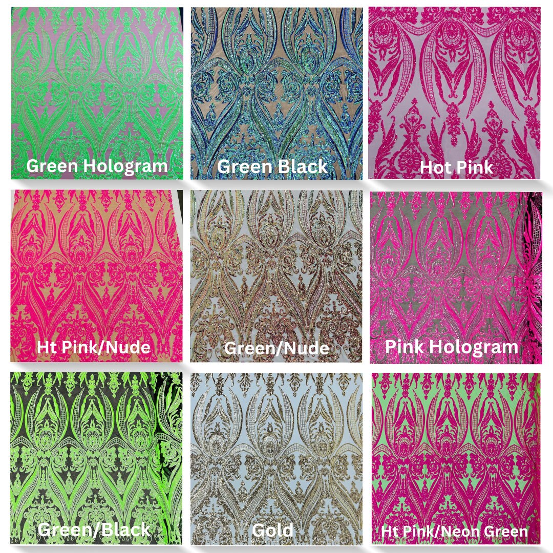 DAMASK - Shiny Sequin Design 4 Way Stretch Mesh Fabric. Sold By The Yard. Choose Color Below