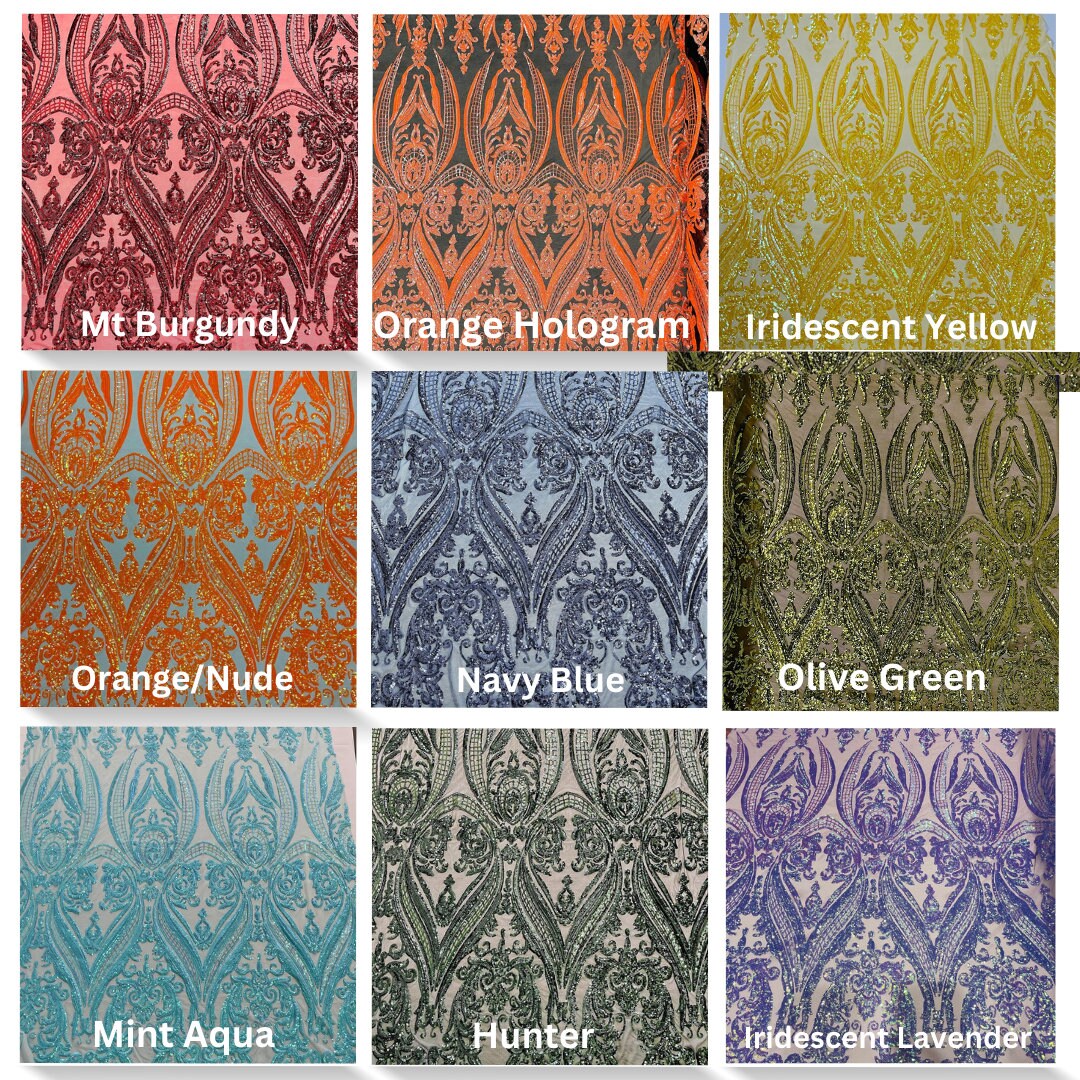 DAMASK - Shiny Sequin Design 4 Way Stretch Mesh Fabric. Sold By The Yard. Choose Color Below