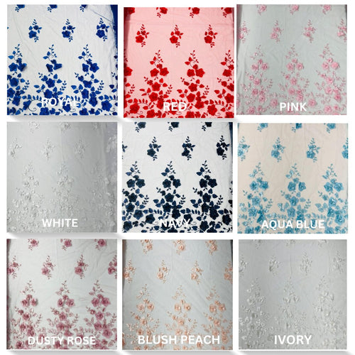3D FLORAL - Design Embroider With Pearls Mesh Lace Fabric. Sold By The Yard. 8 Colors Available
