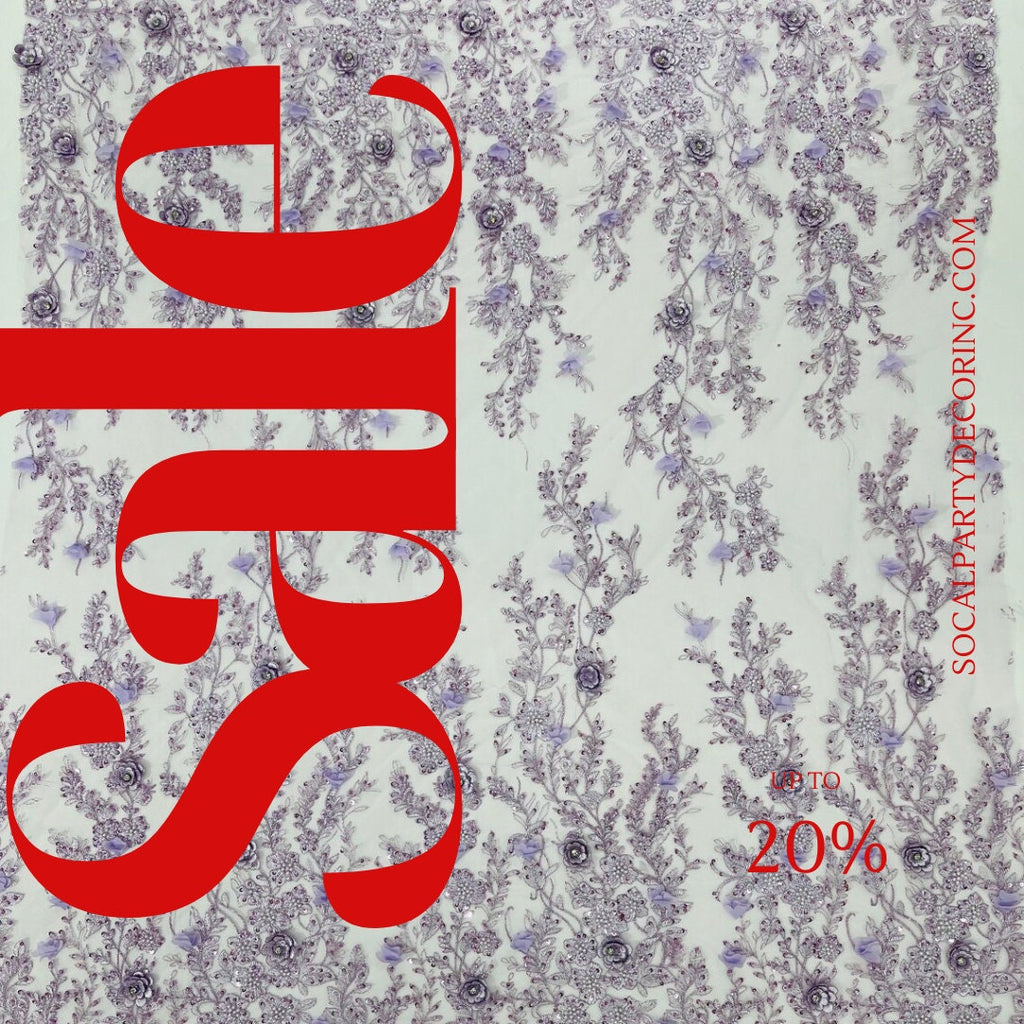 3D FLORAL - LILAC -  Design Embroider  Beaded With Rhinestones  Mesh Lace Fabric. Sold By The Yard.