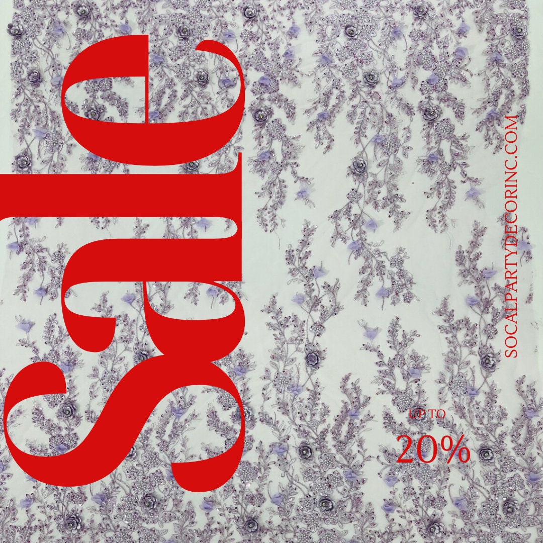 3D FLORAL - LILAC -  Design Embroider  Beaded With Rhinestones  Mesh Lace Fabric. Sold By The Yard.