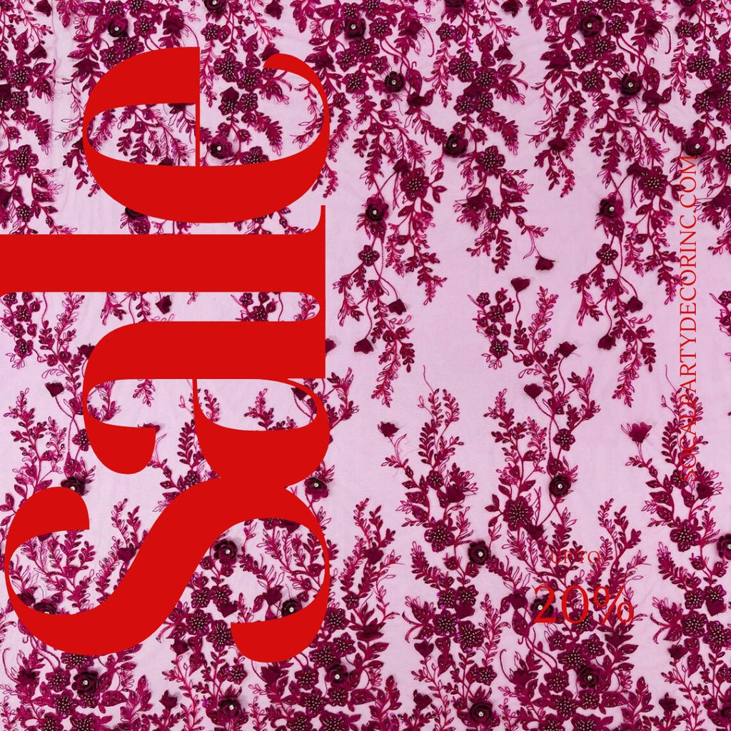 3D FLORAL - MAGENTA -  Design Embroider  Beaded With Rhinestones  Mesh Lace Fabric. Sold By The Yard.