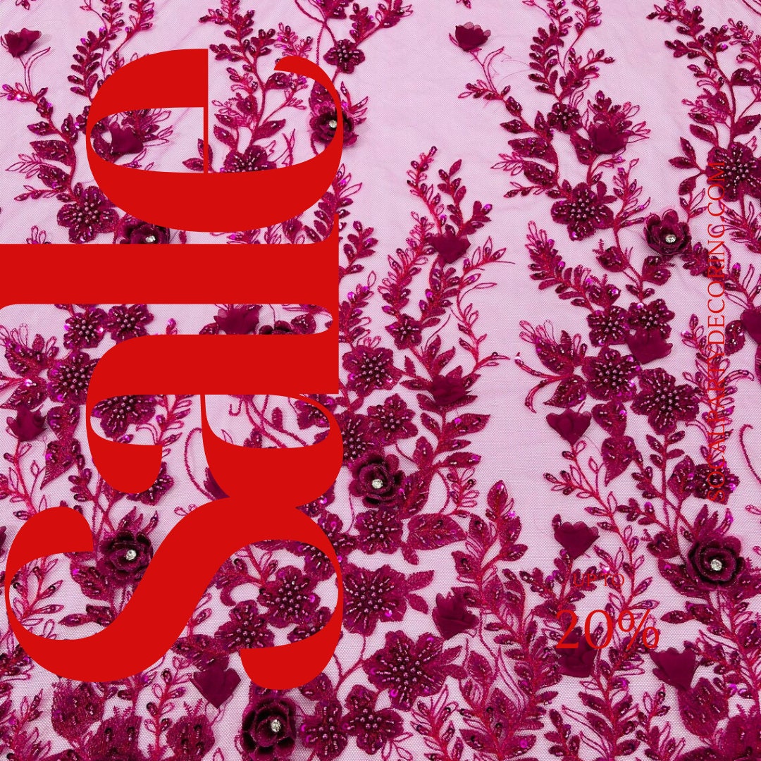 3D FLORAL - MAGENTA -  Design Embroider  Beaded With Rhinestones  Mesh Lace Fabric. Sold By The Yard.
