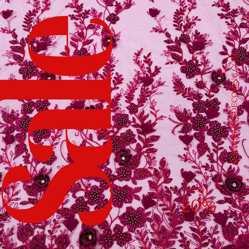 3D FLORAL - MAGENTA -  Design Embroider  Beaded With Rhinestones  Mesh Lace Fabric. Sold By The Yard.