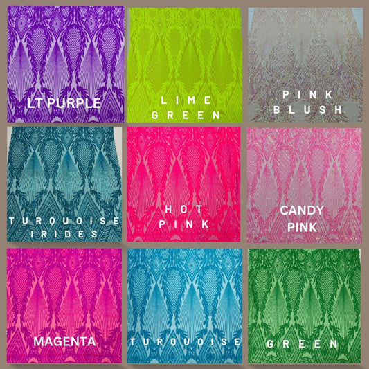 DIAMOND FASHION - Shiny Sequin Design 4 Way Stretch Mesh Fabric. Sold By The Yard. Choose Color Below