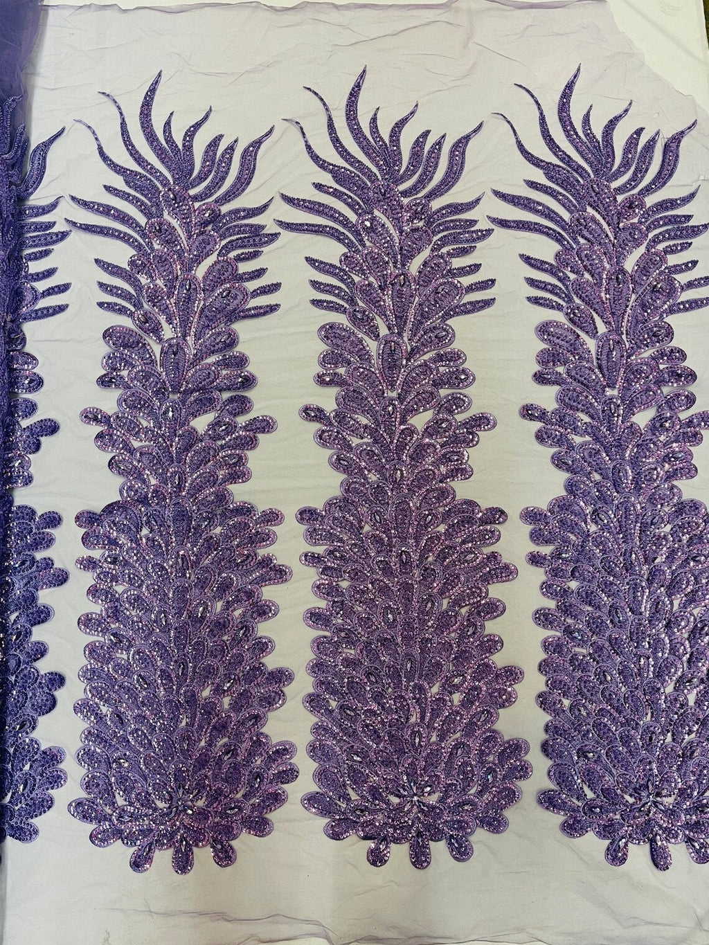 Peacock Feathers - 3D Beaded Design with Embroidered Sequins and Beads On a Mesh Lace Fabric for Prom Dress 1 Feather Panel