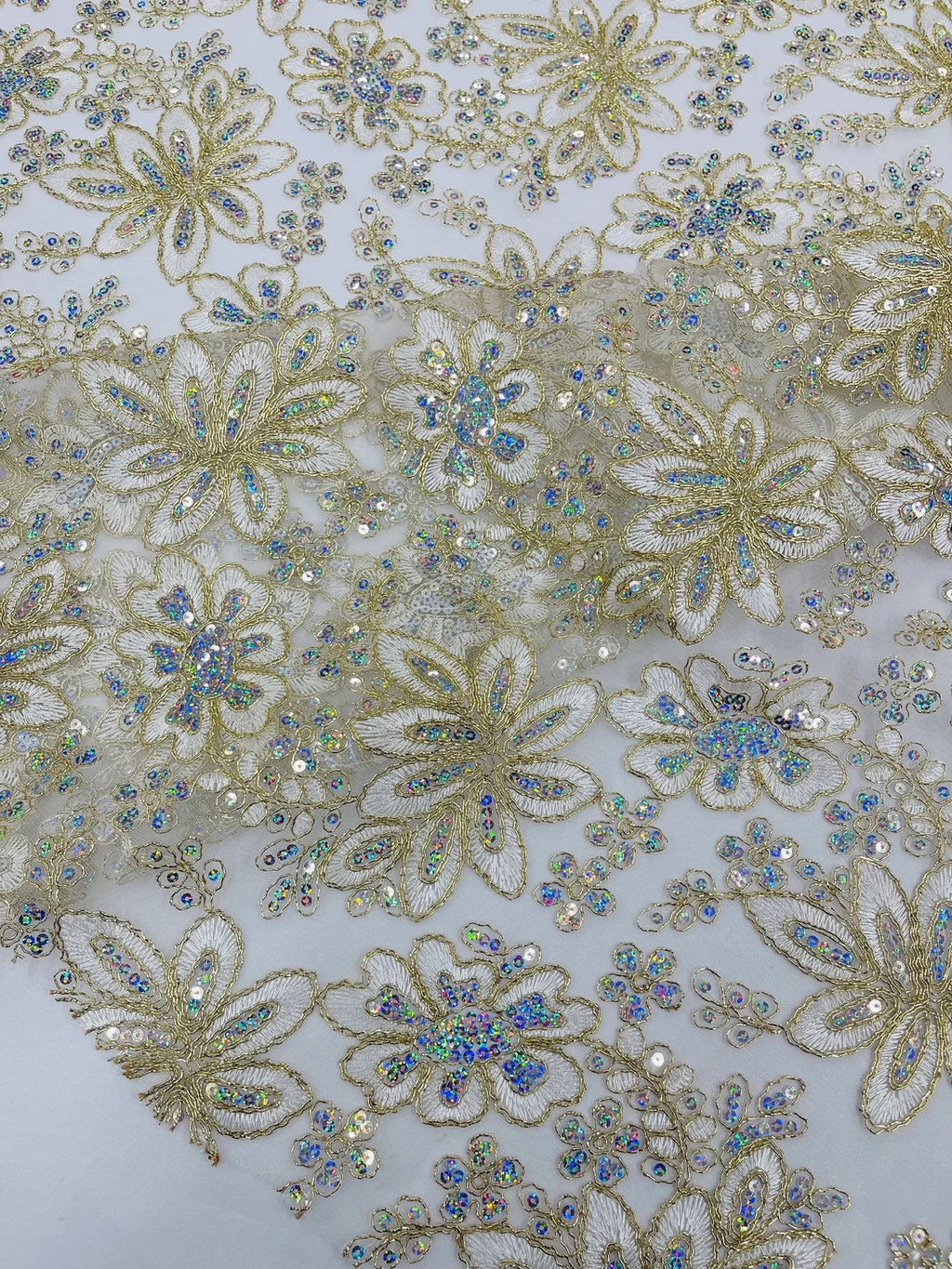 FASHION - Metallic Floral Design Embroidered With Holographic Sequins On A Mesh Fabric By The Yard. Choose Color Below