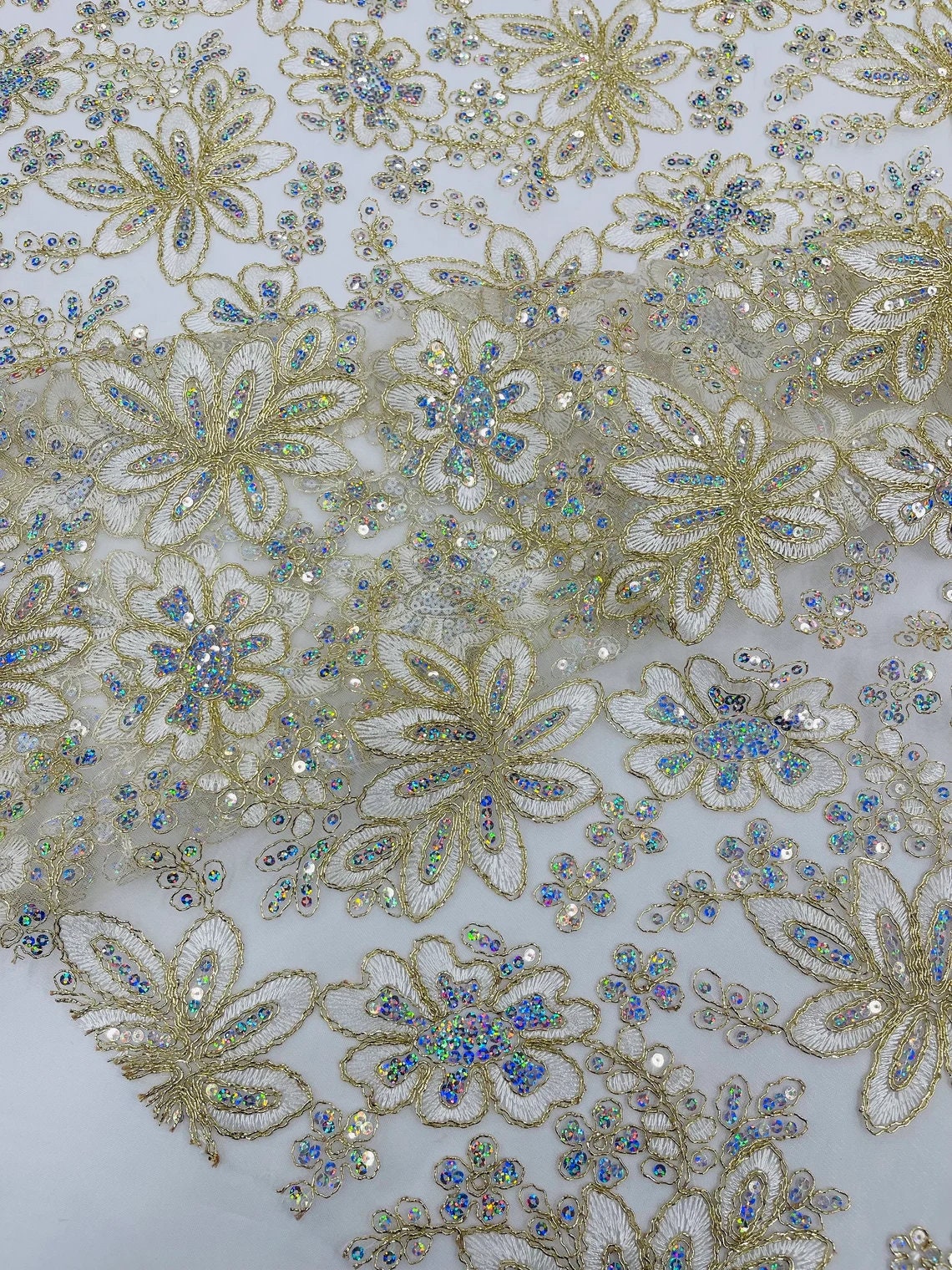 FASHION - Metallic Floral Design Embroidered With Holographic Sequins On A Mesh Fabric By The Yard. Choose Color Below