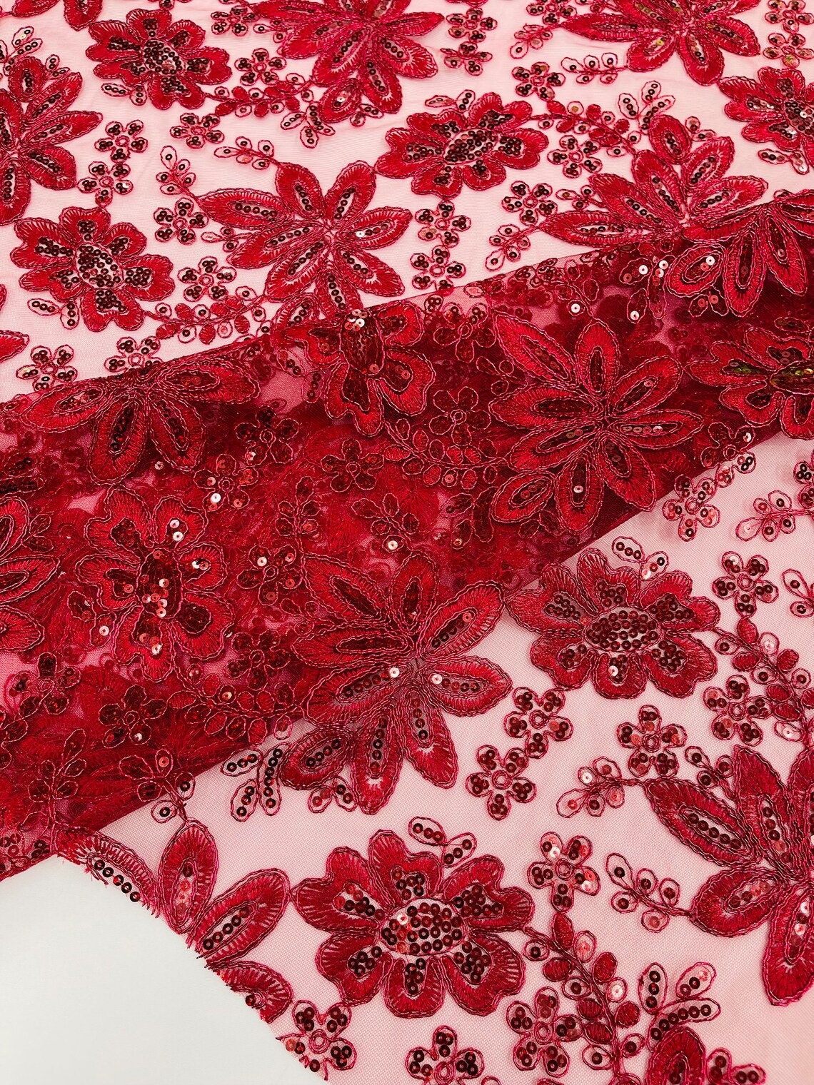 FASHION - Metallic Floral Design Embroidered With Holographic Sequins On A Mesh Fabric By The Yard. Choose Color Below
