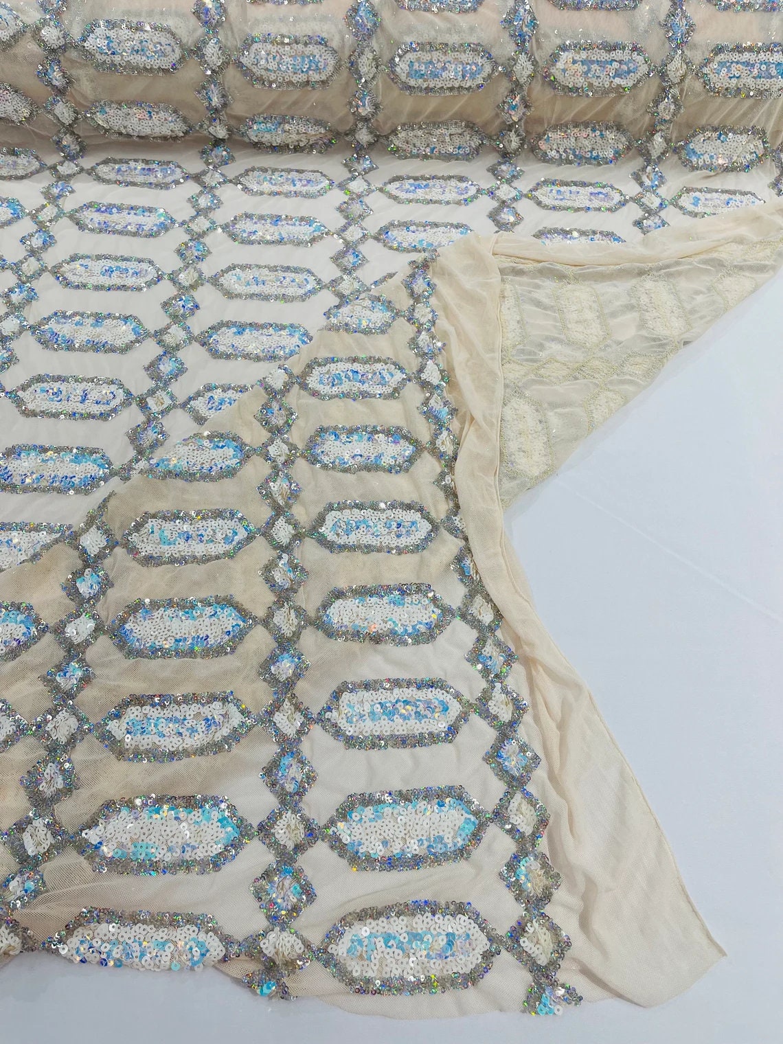JEWEL - Multicolor Sequin Design 4 Way Stretch Mesh Fabric. Sold By The Yard. Choose Color Below