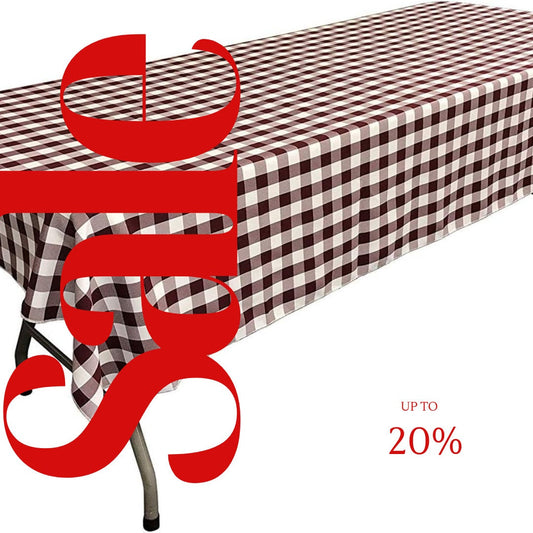 Polyester Poplin Gingham Checkered Rectangular Tablecloth (White & Burgundy, Choose Size Below
