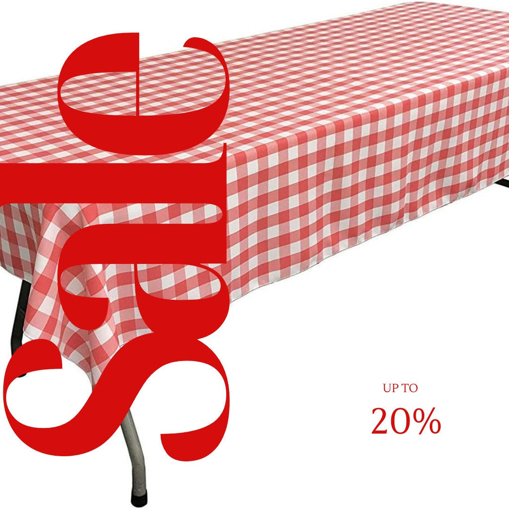 Polyester Poplin Gingham Checkered Rectangular Tablecloth (White & Coral, Choose Size Below