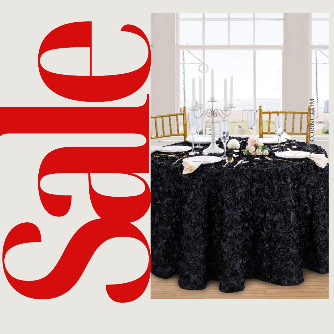 BLACK - Round Tablecloth Table Cloth Satin Rosette Tablecloth - 3D Floral Table Cloth for Wedding Baby Shower Birthday Tea Party Dessert