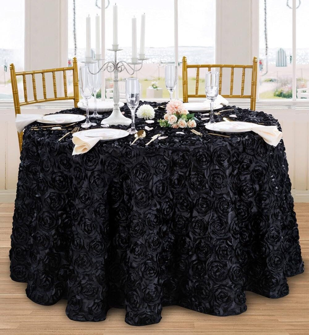 BLACK - Round Tablecloth Table Cloth Satin Rosette Tablecloth - 3D Floral Table Cloth for Wedding Baby Shower Birthday Tea Party Dessert