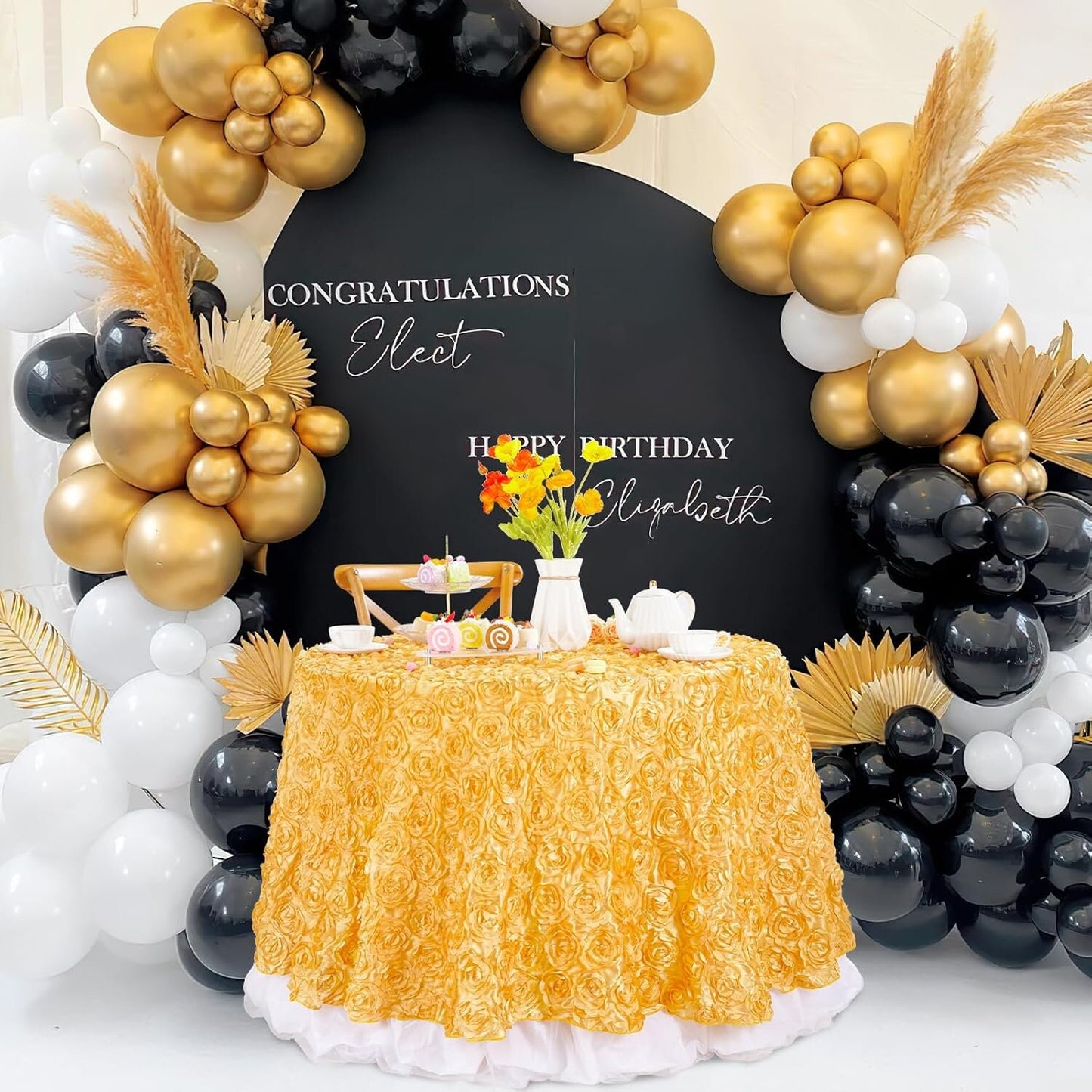 GOLD - Round Tablecloth Table Cloth Satin Rosette Tablecloth - 3D Floral Table Cloth for Wedding Baby Shower Birthday Tea Party Dessert