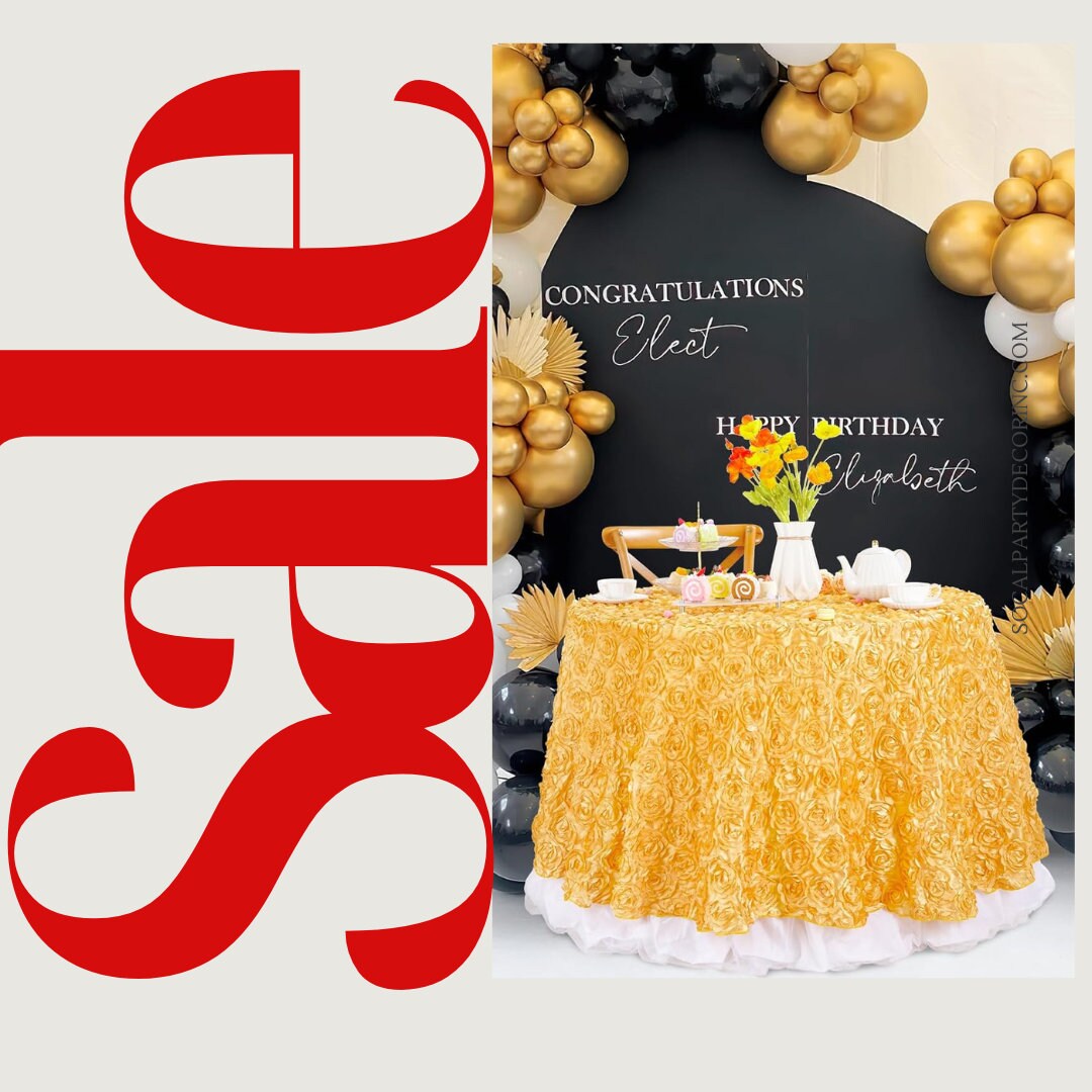 GOLD - Round Tablecloth Table Cloth Satin Rosette Tablecloth - 3D Floral Table Cloth for Wedding Baby Shower Birthday Tea Party Dessert