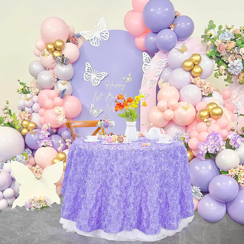 LAVENDER - Round Tablecloth Table Cloth Satin Rosette Tablecloth - 3D Floral Table Cloth for Wedding Baby Shower Birthday Tea Party Dessert