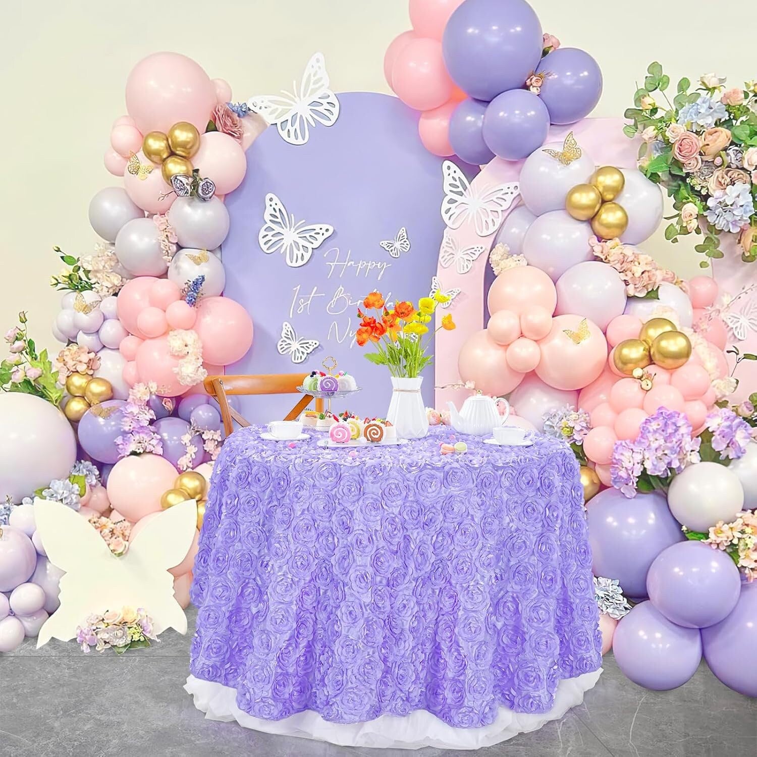 LAVENDER - Round Tablecloth Table Cloth Satin Rosette Tablecloth - 3D Floral Table Cloth for Wedding Baby Shower Birthday Tea Party Dessert