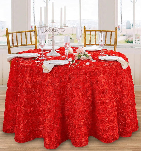 RED - Round Tablecloth Table Cloth Satin Rosette Tablecloth - 3D Floral Table Cloth for Wedding Baby Shower Birthday Tea Party Dessert