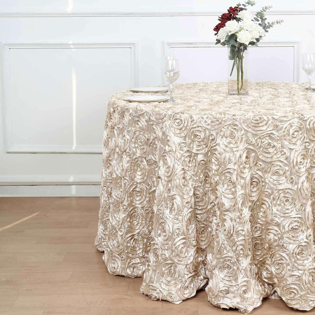 CHAMPAGNE - Round Tablecloth Table Cloth Satin Rosette Tablecloth - 3D Floral Table Cloth for Wedding Baby Shower Birthday Tea Party Dessert