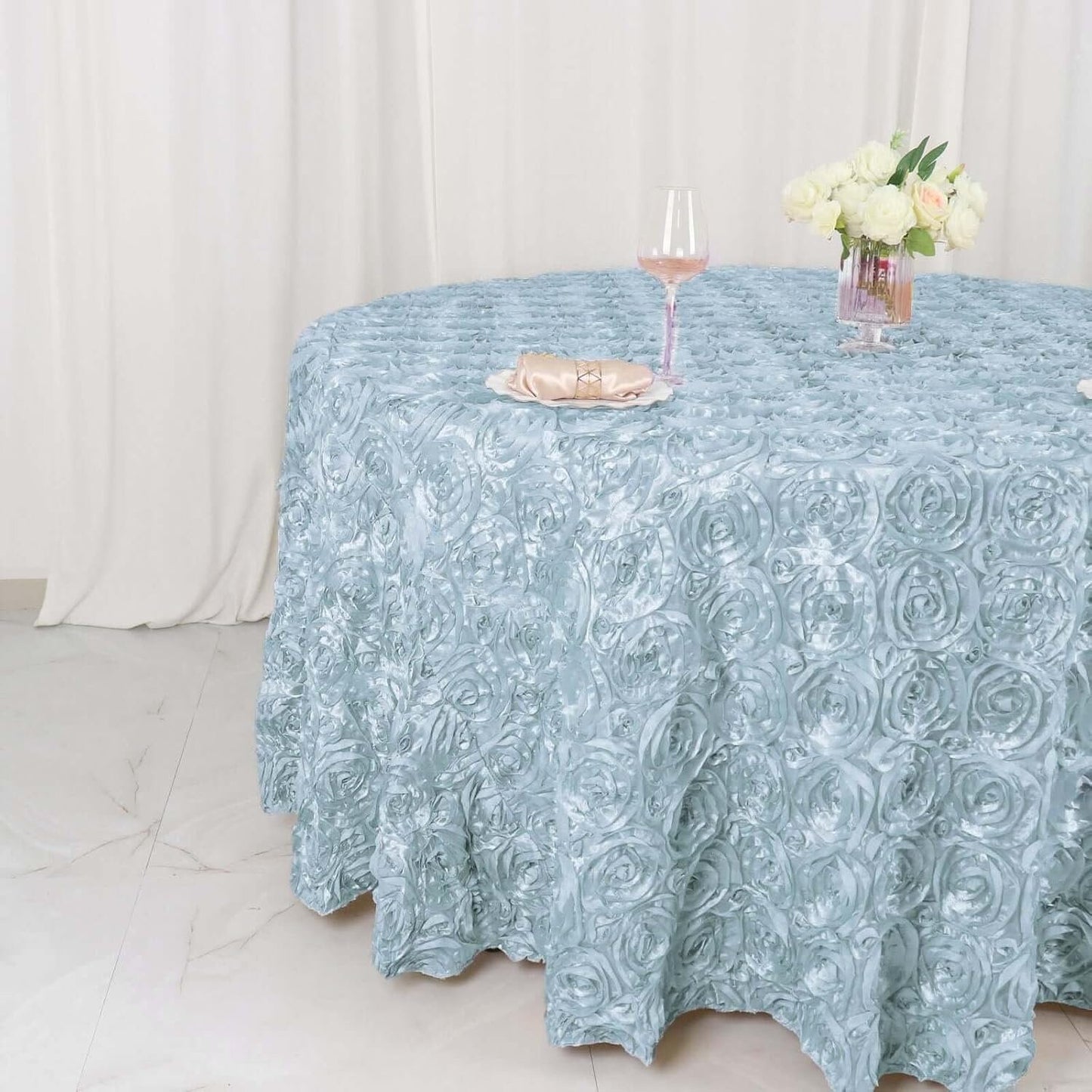 LT BLUE - Round Tablecloth Table Cloth Satin Rosette Tablecloth - 3D Floral Table Cloth for Wedding Baby Shower Birthday Tea Party Dessert