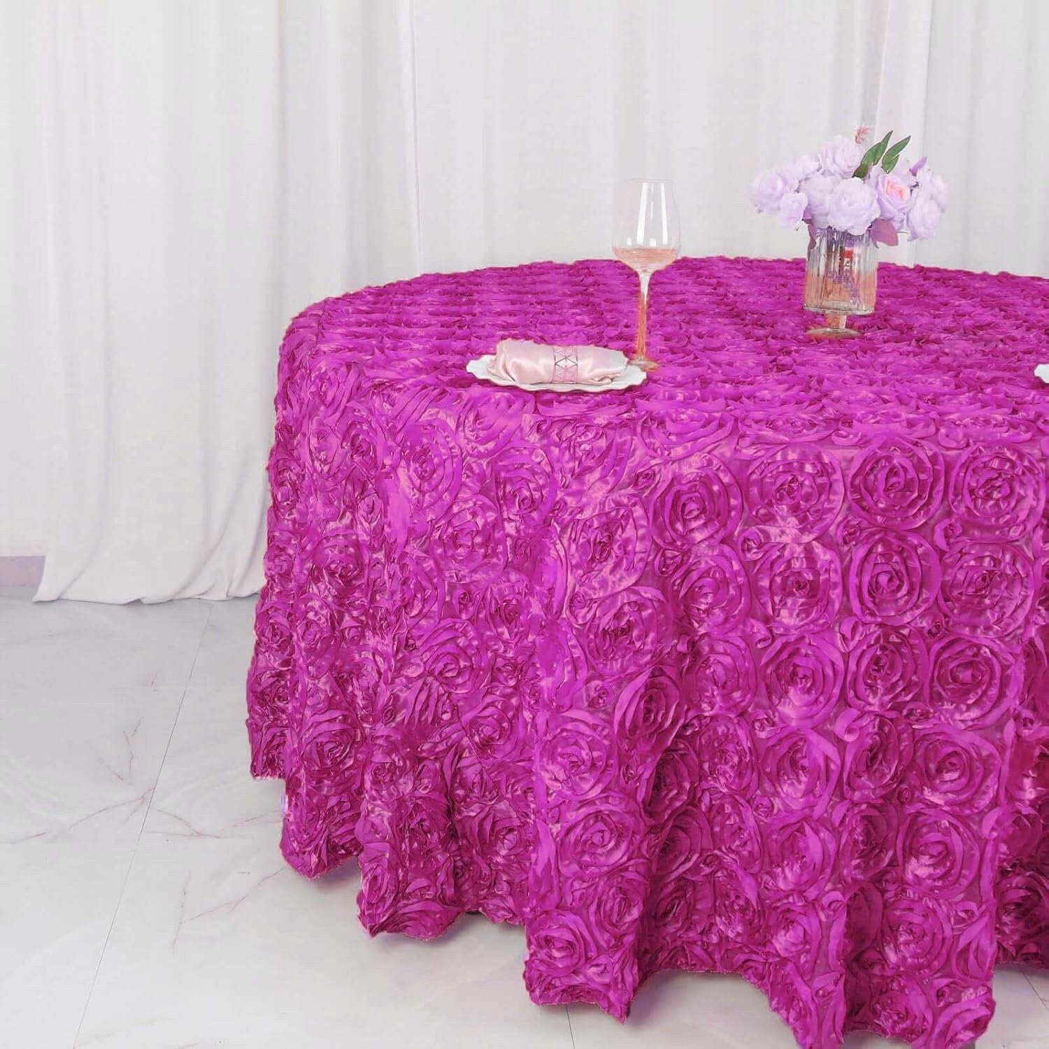 FUCHSIA - Round Tablecloth Table Cloth Satin Rosette Tablecloth - 3D Floral Table Cloth for Wedding Baby Shower Birthday Tea Party Dessert