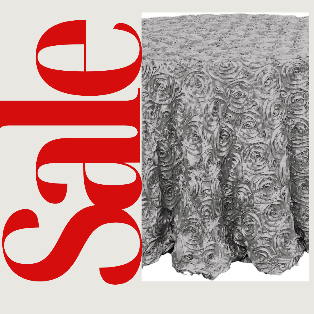 SILVER - Round Tablecloth Table Cloth Satin Rosette Tablecloth - 3D Floral Table Cloth for Wedding Baby Shower Birthday Tea Party Dessert