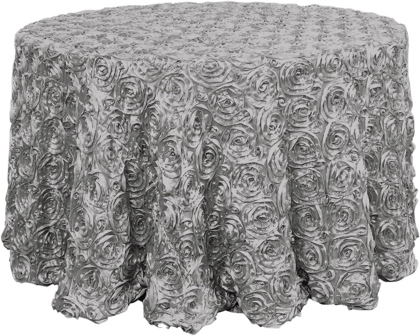 SILVER - Round Tablecloth Table Cloth Satin Rosette Tablecloth - 3D Floral Table Cloth for Wedding Baby Shower Birthday Tea Party Dessert