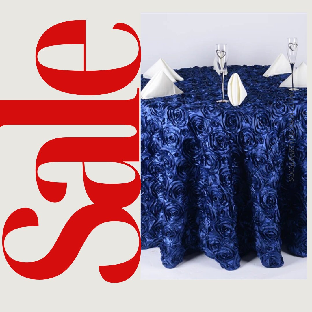 NAVY - Round Tablecloth Table Cloth Satin Rosette Tablecloth - 3D Floral Table Cloth for Wedding Baby Shower Birthday Tea Party Dessert