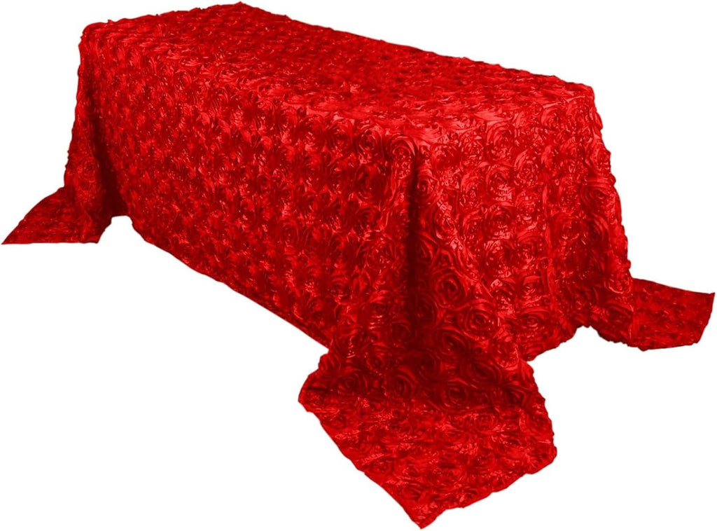 RED - Rectangular Tablecloth Table Cloth Satin Rosette - 3D Floral Table Cloth for Wedding Baby Shower Birthday Tea Party Dessert