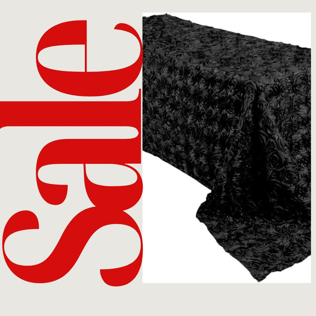 BLACK - Rectangular Tablecloth Table Cloth Satin Rosette - 3D Floral Table Cloth for Wedding Baby Shower Birthday Tea Party Dessert