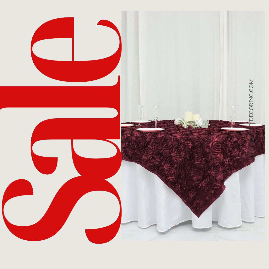 BURGUNDY - 3D Rosette Square Tablecloth Overlay- Square Tablecloth Cover for Wedding Party Event Banquet. Choose Size Below