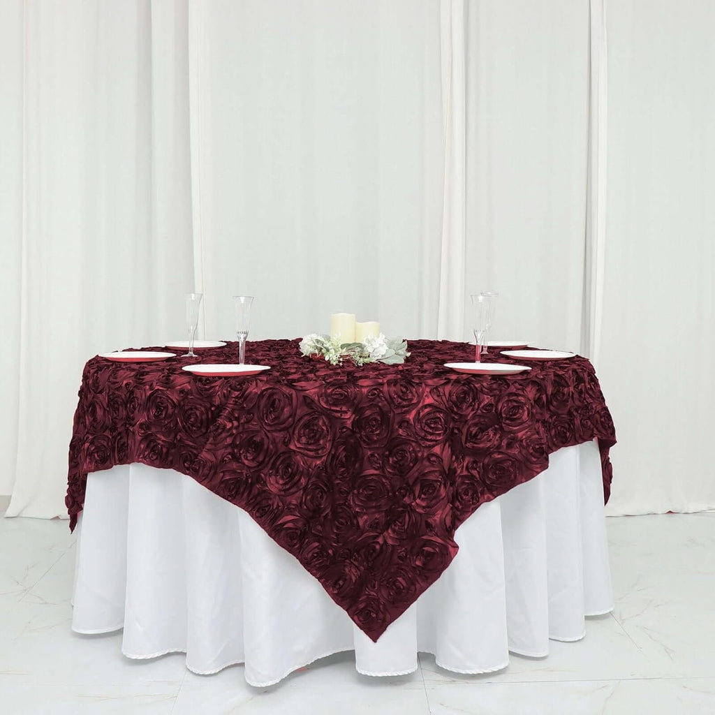 BURGUNDY - 3D Rosette Square Tablecloth Overlay- Square Tablecloth Cover for Wedding Party Event Banquet. Choose Size Below