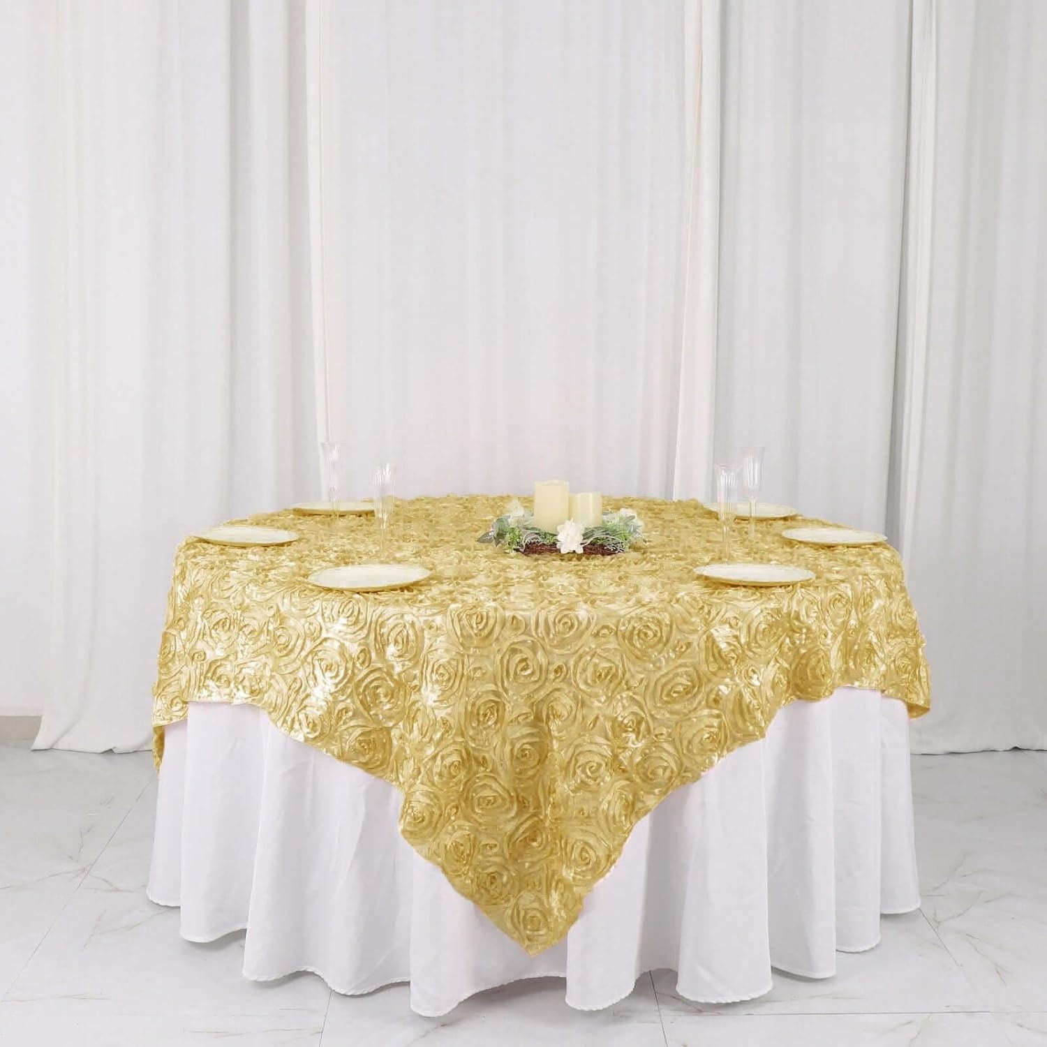 GOLD - 3D Rosette Square Tablecloth Overlay- Square Tablecloth Cover for Wedding Party Event Banquet. Choose Size Below