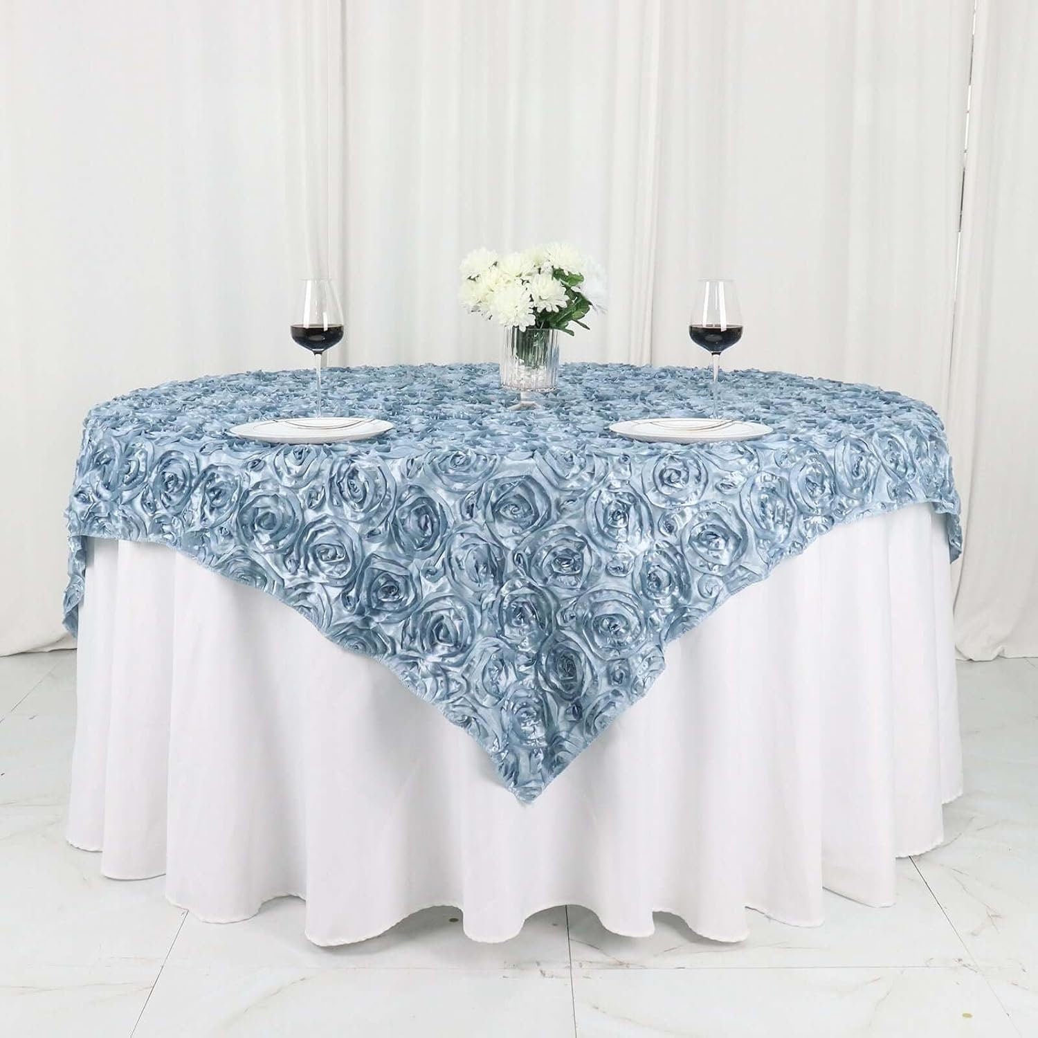 LT BLUE - 3D Rosette Square Tablecloth Overlay- Square Tablecloth Cover for Wedding Party Event Banquet. Choose Size Below
