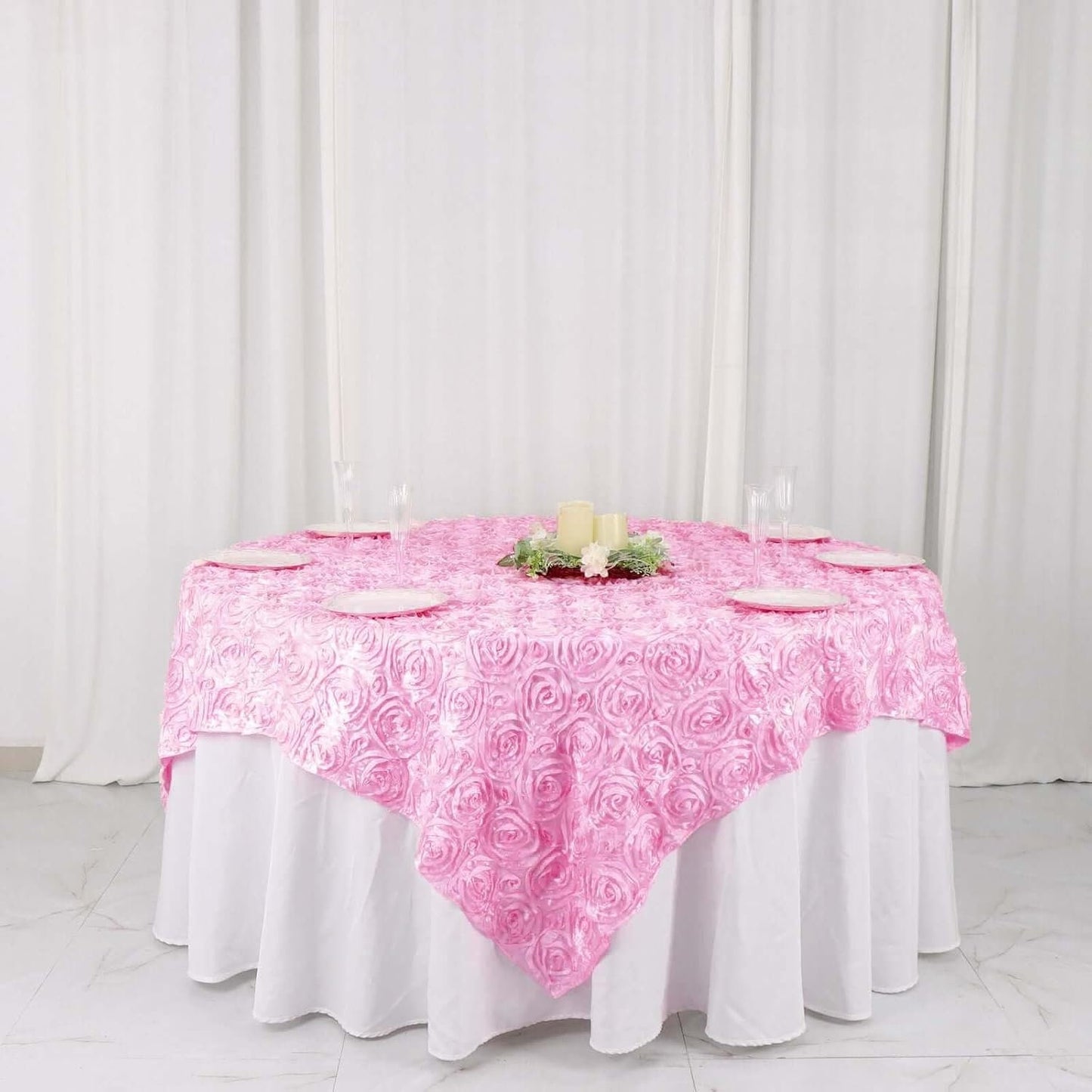 PINK - 3D Rosette Square Tablecloth Overlay- Square Tablecloth Cover for Wedding Party Event Banquet. Choose Size Below