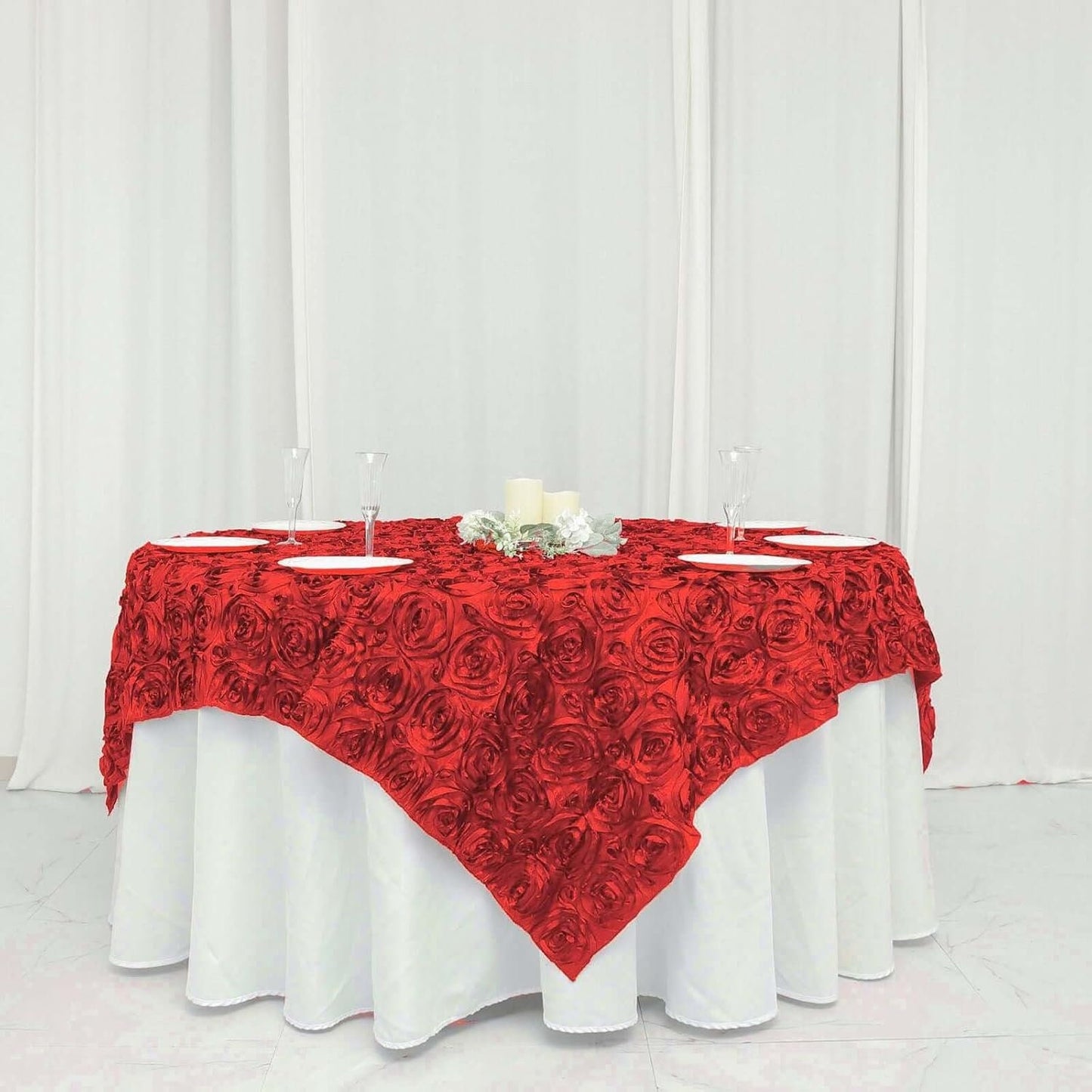 RED - 3D Rosette Square Tablecloth Overlay- Square Tablecloth Cover for Wedding Party Event Banquet. Choose Size Below